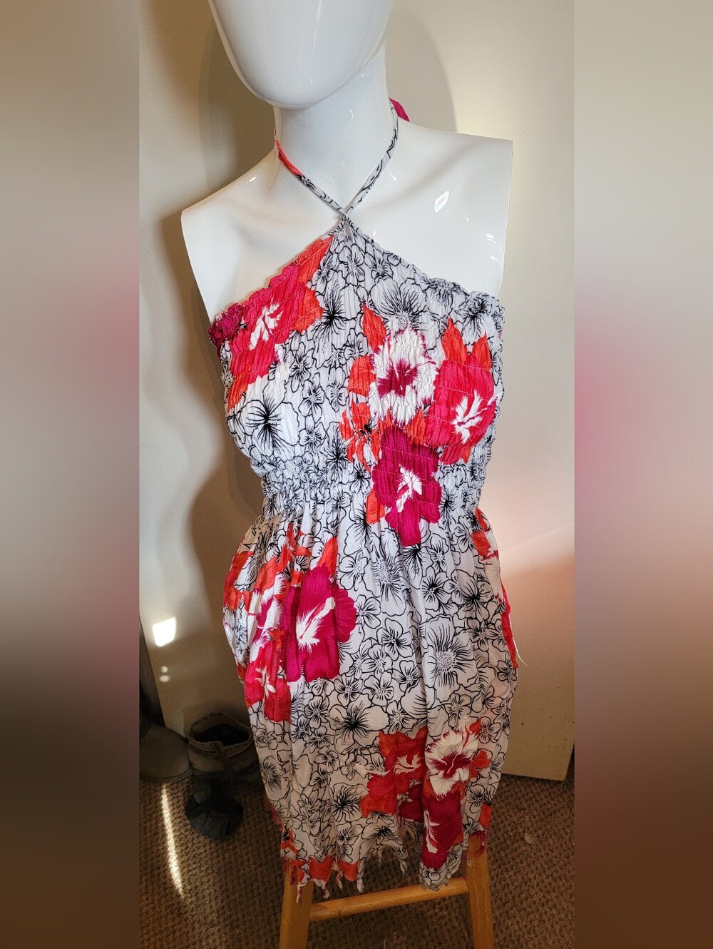 Halter Floral Sundress in White with Pink & Coral Blooms
